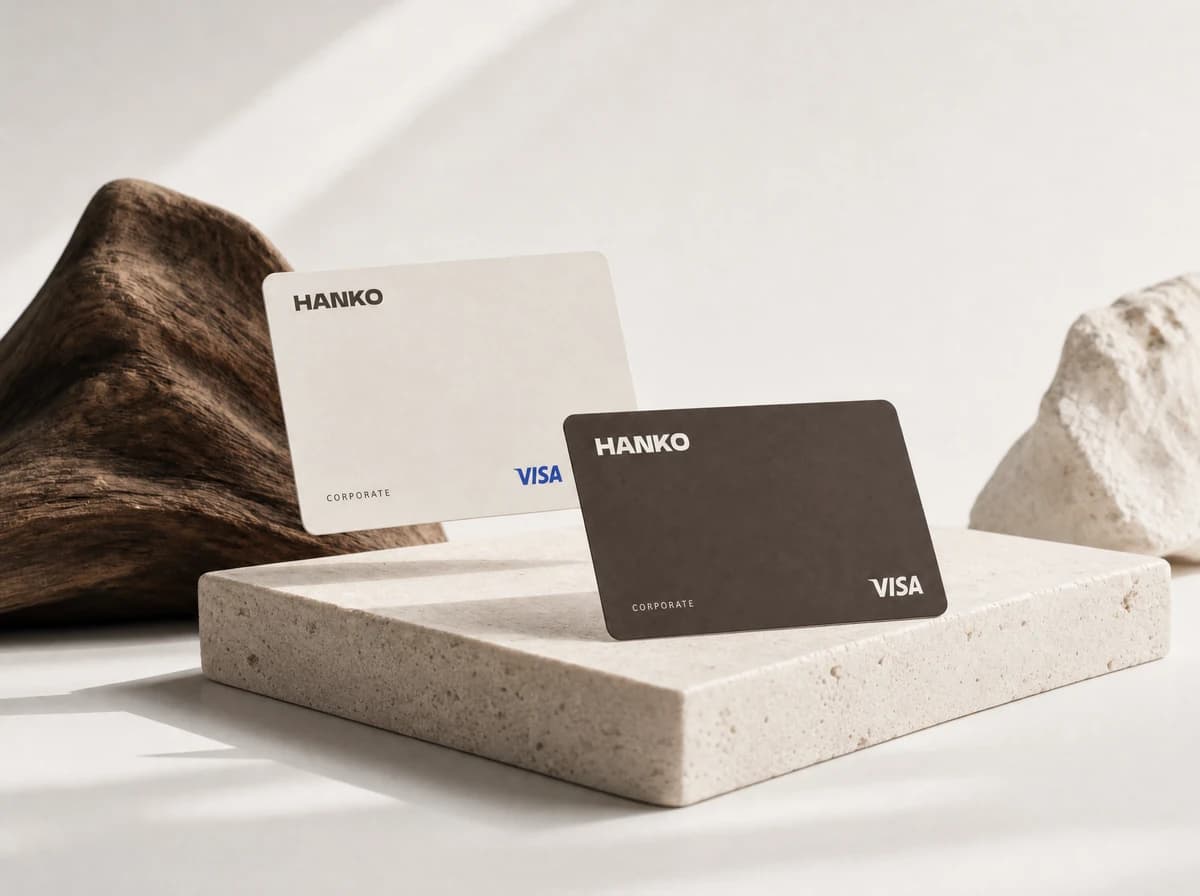 Minimal ivory and espresso Hanko Visa corporate cards with small wordmarks, arranged on a pale stone plinth