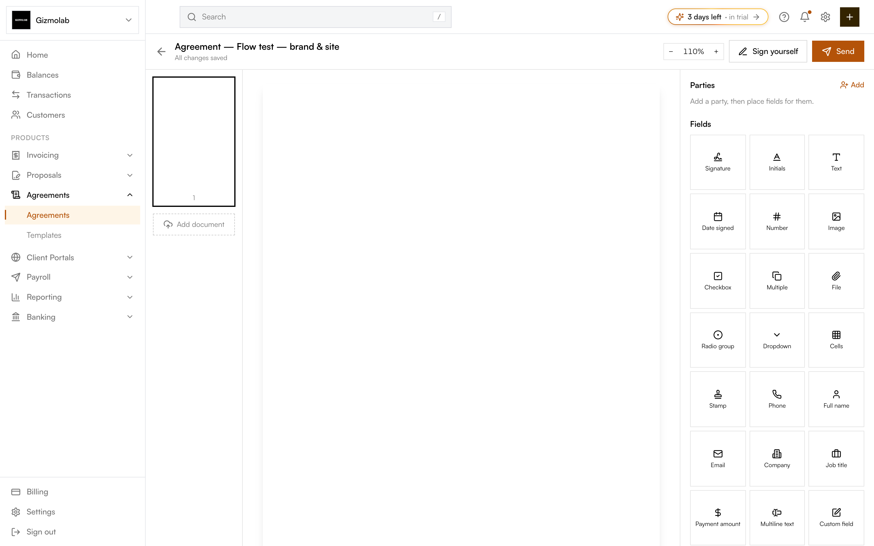 The Hanko agreement editor, document canvas, signers panel, and field palette