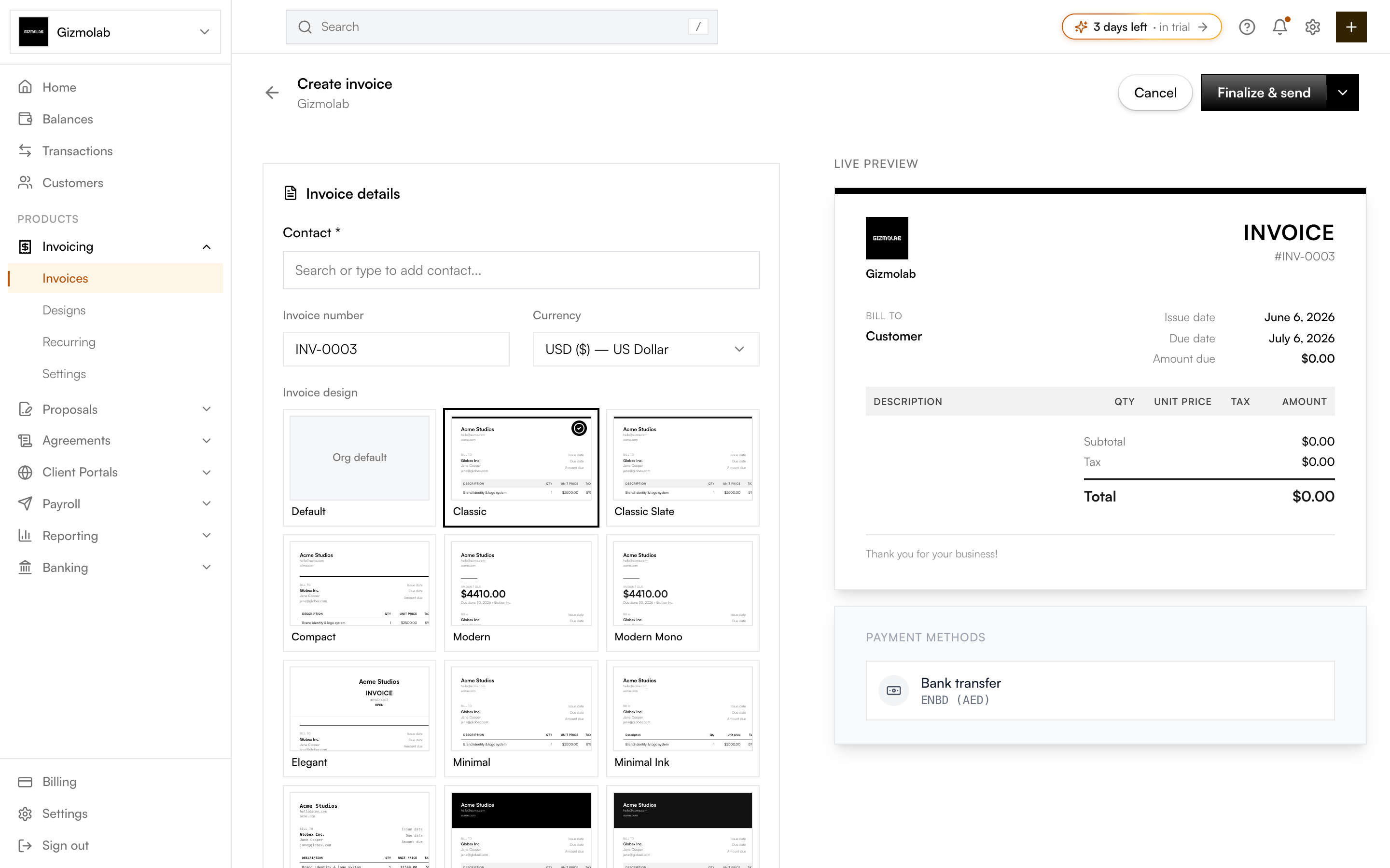 Creating a branded invoice in Hanko