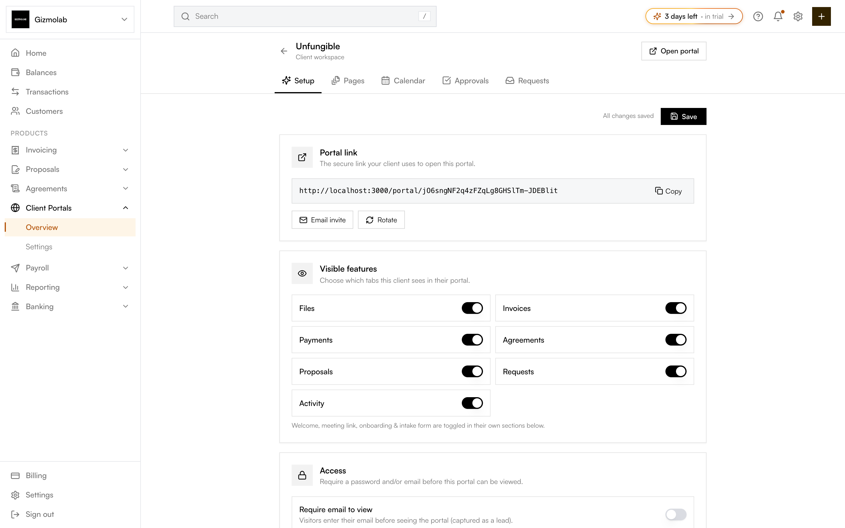 The Hanko client-portal setup editor with visible-feature toggles and access controls
