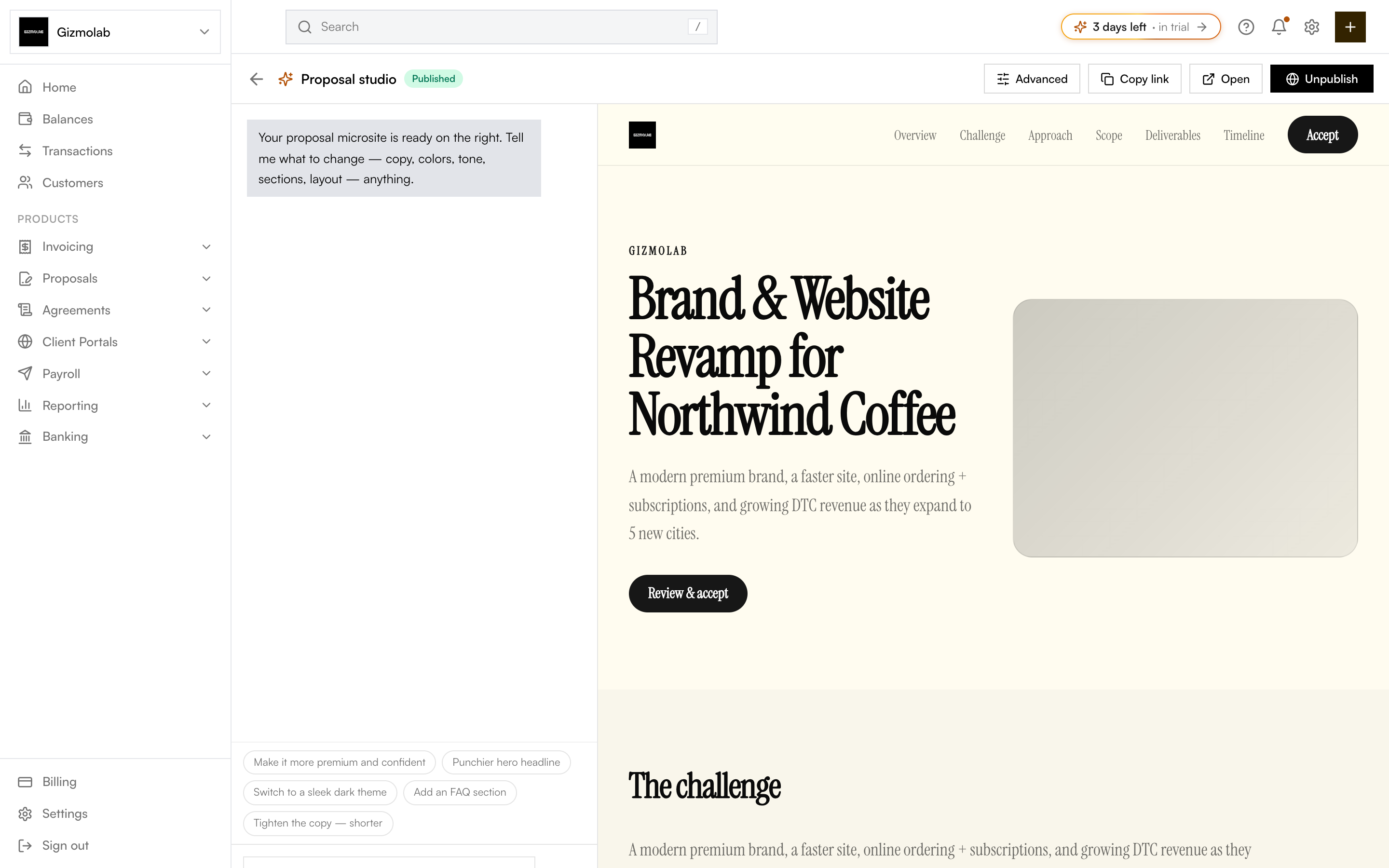 The Hanko proposal studio with an AI chat panel and a live microsite preview